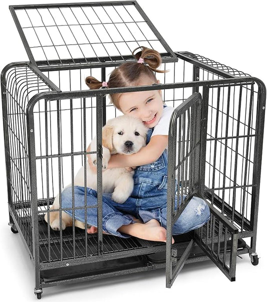 37 Inch Dog Crates for Small Medium Dogs Pets Indoor, Indestructible Enhanced Cage Kennel with 3 Doors, Lockable Wheels and Removable Tray, Heavy Duty Escape Proof Carrier, 37 x 25 x 33 Inch