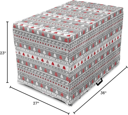 Ambesonne Christmas Dog Crate Cover, Xmas Border Deers Trees and Merry Christmas Lettering Bows Bells Image, Easy to Use Pet Kennel Cover for Medium Large Dogs, 36 Inch, Grey White and Red