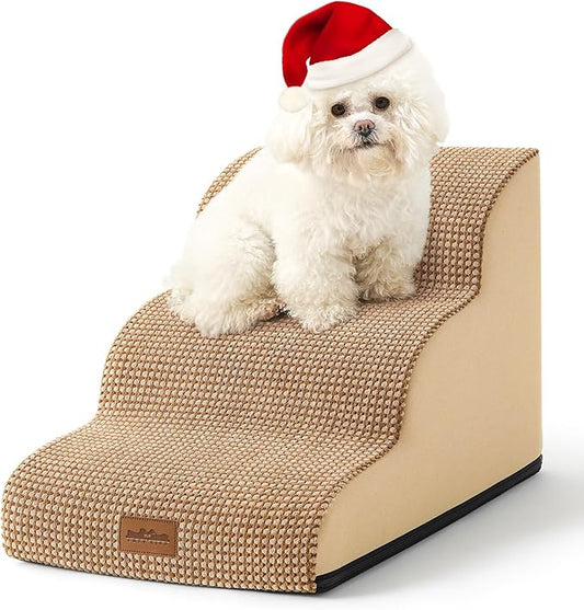 Dog Stairs for Small Dogs, Curved Pet Step with Leakproof Cover, High Density Foam Cat Ramp for Bed or Sofa, Lightweight, Durable, Comfort, 15.7x22.4x15.7 inch, 3 Tiers, Light Brown