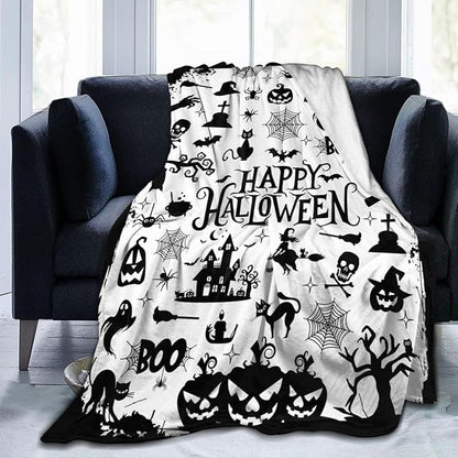 Halloween Blanket Cat Bedding Soft Warmth Flannel Throw Blankets Ghost Bat Pumpkin Blanket Gifts for Sofa Bed Couch Chair All Seasons 60"x50"