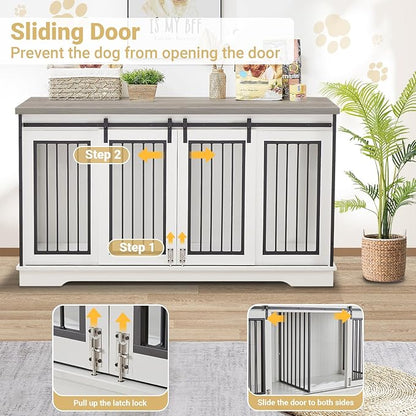 Rovibek 61 Double Dog Crate Furniture for 2 Dogs, Large Double Dog Kennel Furniture TV Stand, Furniture Style Dog Crates End Table, Wood Crates for Dogs Kennel Indoor White