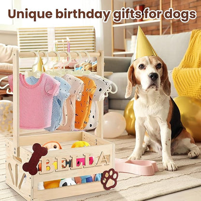 20" x 13" x 9" Wooden Pet Wardrobe Closet Crate Box with Hanging Rods and Personalized Pet Alphabet Letters Easy Assembly Baskets for Dog Cat Toys Clothes Accessories(Wood)