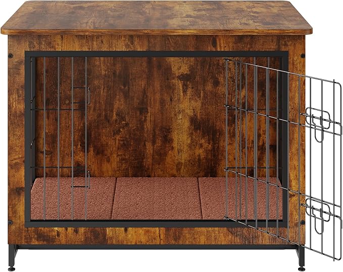 VEVOR Dog Crate Furniture, 32 inch Wooden Dog Crate with Double Doors, Heavy-Duty Dog Cage End Table with Multi-Purpose Removable Tray, Modern Dog Kennel Indoor for Dogs up to 45lb, Rustic Brown