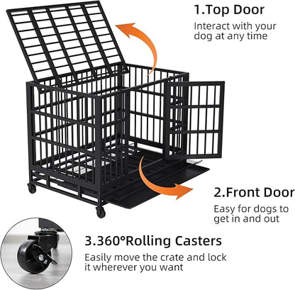 Shintenchi 38 inch Heavy Duty Crates for Large Dog, Indestructible and Escape-Proof Cage Kennel with Lockable Wheels, Double Door High Anxiety with Removable Tray, Black