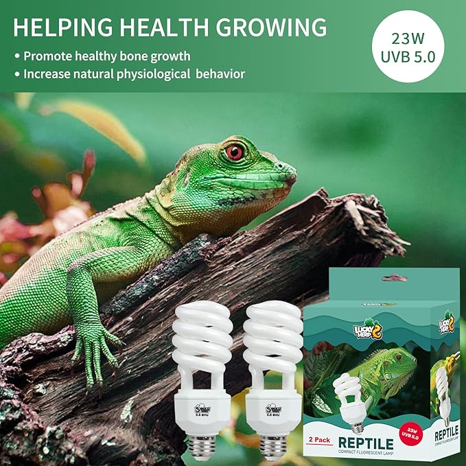 LUCKY HERP 2 Pack UVA UVB Reptile Light, 23W 5.0 UVB Bulb for Tropical and Sub Tropical Reptiles, Compact Fluorescent Terrarium Lamp, Reptile UVB Bulb for Chameleons, Lizard, Turtle
