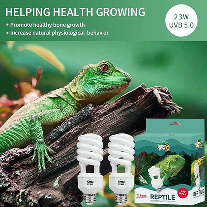 LUCKY HERP 2 Pack UVA UVB Reptile Light, 23W 5.0 UVB Bulb for Tropical and Sub Tropical Reptiles, Compact Fluorescent Terrarium Lamp, Reptile UVB Bulb for Chameleons, Lizard, Turtle
