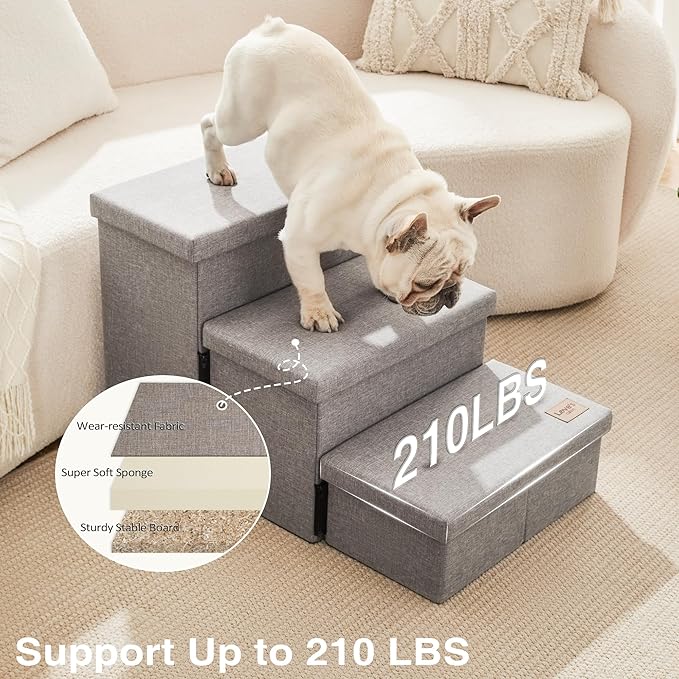 Love's cabin Dog Stairs for High Bed 18"H,Foldable Pet Stairs for Small Medium or Large Dogs Puppy with Storage for Bed or Couch, Cat Dog Steps Ramp with Zip up to 210 lbs(Solid Grey,3 Steps no Condo)