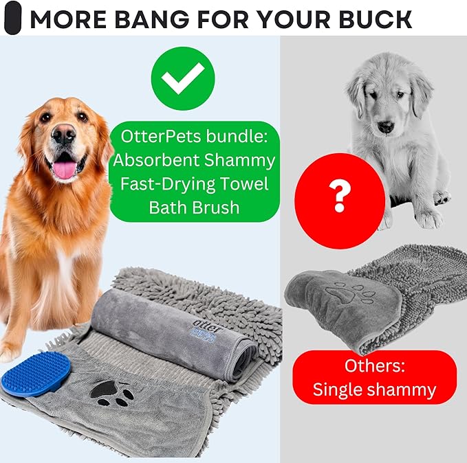 3 Piece Set: 2 Dog Towels and Dog Bath Brush. Dog Shammy and Microfiber Dog Towel. Super Absorbent Towels, Dog Bath Supplies, Dog Scrubber for Bath