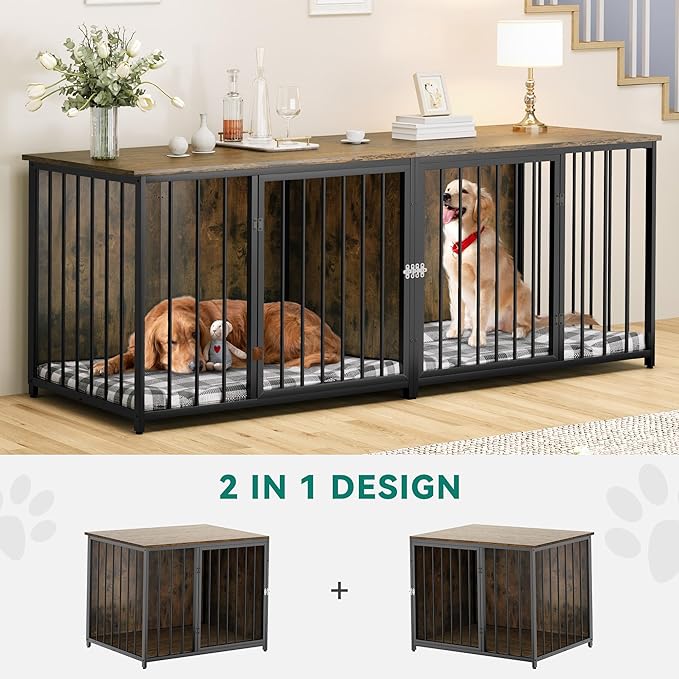 DWVO Double Dog Kennel Furniture, 80.2" Dog Cage Furniture with Divider, Double Dog Crate TV Stand for 2 Medium Dogs, Brown
