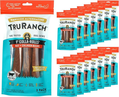 TRURANCH Collagen Rolls - 9" Collagen Rolls for Dogs - Long Lasting Healthy Joint Support - Rawhide Alternative - Skin & Coat Health - Made with Real Beef, Value Pack, 15 Bags, 45 Count
