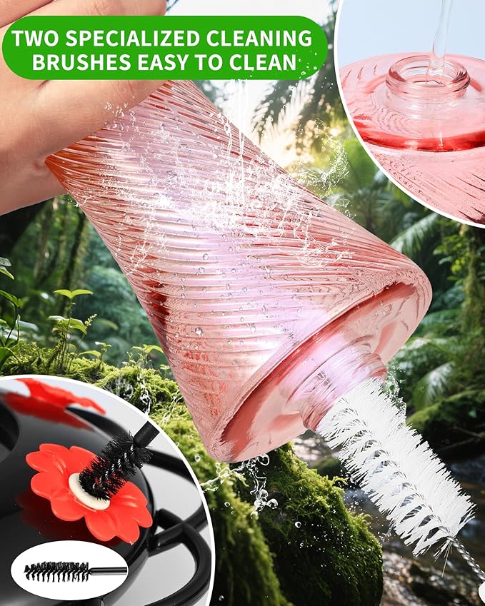 Hanging 20oz Glass Hummingbird Feeder with Moat, Small Outdoor Plastic Bird Feeder, Squirrel Proof, Ants, Outside Water Dispenser for Garden (Pink Glass Bird Feeder-2)