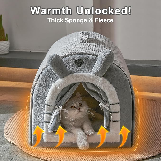 Jiupety Cat Houses for Indoor Cats, Cave Bed with Door Curtain Design, Cute Portable Beds with Reversible Washable Cushion, S Size Soft Kitty Hideaway Up to 6 lbs, Non-Slip Bottom, Grey