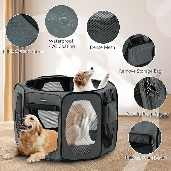 Dog Playpen, Cat Dog Crate Portable Pet Exercise Cage Kennel House Puppy Playpen Animal Playpen Indoor/Outdoor, Water-Resistant Kennel Tent with Traveling Bag (Grey, Medium)