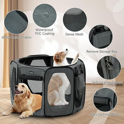 Dog Playpen, Cat Dog Crate Portable Pet Exercise Cage Kennel House Puppy Playpen Animal Playpen Indoor/Outdoor, Water-Resistant Kennel Tent with Traveling Bag (Grey, Medium)