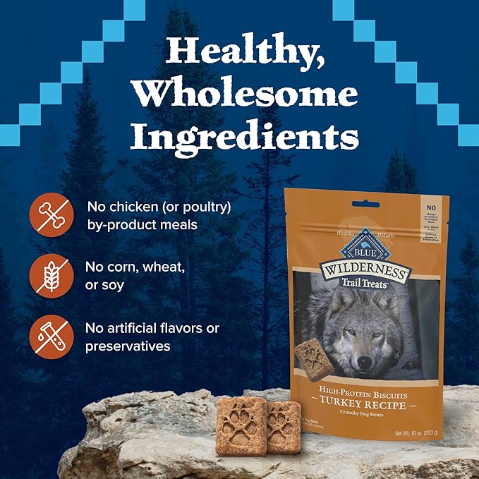 Blue Buffalo Wilderness Trail Treats High Protein Grain Free Crunchy Dog Treats Biscuits, Turkey Recipe 10-oz bag