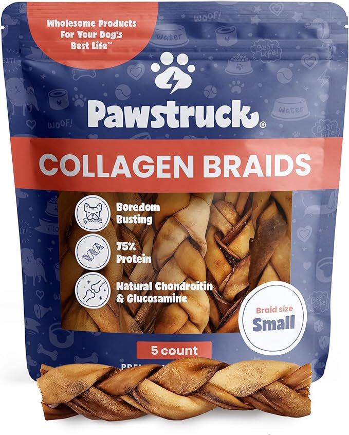 Pawstruck Natural 5-7 Beef Collagen Braids for Dogs - Healthy Long Lasting Alternative to Traditional Rawhide & Bully Sticks Chew Treats w/Chondroitin & Glucosamine - 5 Count - Packaging May Vary