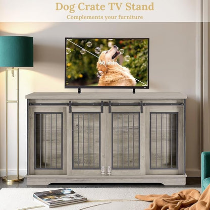 Rovibek 60.6" Double Dog Crate Furniture, Large Dog Kennel Furniture TV Stand for 2 Dogs, Furniture Style Dog Crates End Table, Wood Crates for Dogs Grey