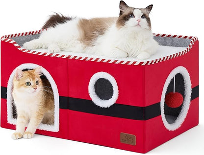 Bedsure Large Cat Beds for Indoor Cats - Extra Wide Cat Cube House for Small Pet with Fluffy Ball Hanging and Scratch Pad, Foldable Pet Cave Hideaway for Multiple Cats, 23.6x16.9x13 inches,Red