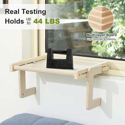 FUKUMARU Cat Window Perch, Transformable Cat Hammock with Fluffy Cushion for Windowsill and Floor, Cats Window Bed for Large Cats and Kittens, Reinforced Wood and Metal Frame, Easy to Adjust Pet Pech