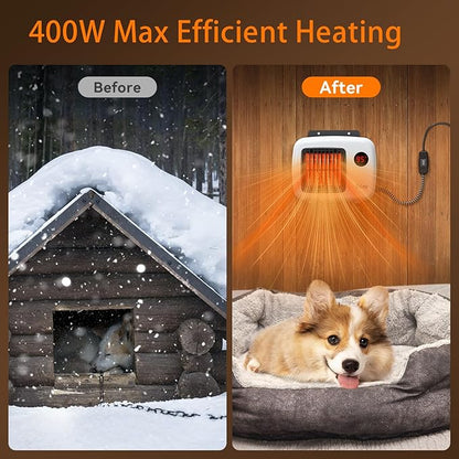 Dog House Heater with Thermostat, 200/400W Safe Pet House Heater for Outside Dog House Chicken Coops Rabbits Hutch with 6FT Anti Chew Cord (White)