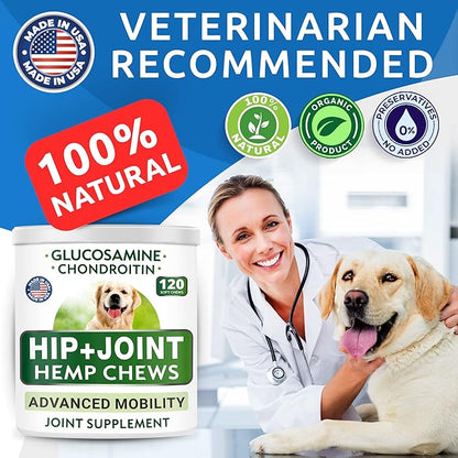 Hemp Chews Dogs Hip Joint Pain Relief - Glucosamine Chondroitin Hemp Treats for Joint Health - Dog Joint Supplement Large Breed & Small - Hemp Oil Pill - Canine Vitamin Treat Old Dog (240Ct/Chicken)