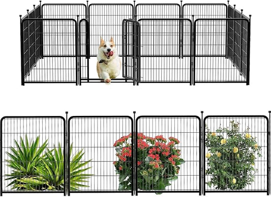 Dog Playpen 32 inch 16 Panels, Puppy Playpen Indoors, Dog Fence Outdoor for Yard, Wide Door Low Threshold Garden Fence for Medium/Large Pets. Black Dog Pens Total 35.4 Ft(L)