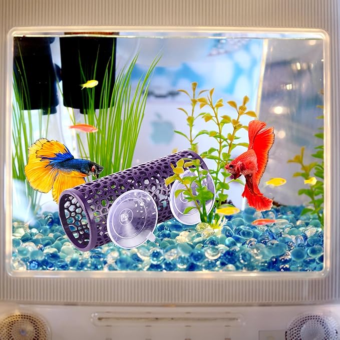 Abizoo Betta Cave - Purple Fish Tunnel with Holes for Small Fish & Shrimp Habitat, Betta Toys Shelter Hideaway, Moss Aquarium Ornament