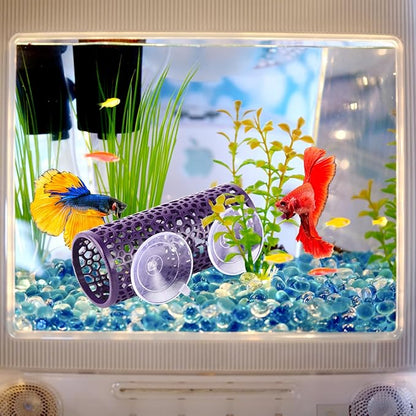 Abizoo Betta Cave - Purple Fish Tunnel with Holes for Small Fish & Shrimp Habitat, Betta Toys Shelter Hideaway, Moss Aquarium Ornament
