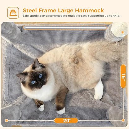 Cat Tree for Large Cats Adult with Metal Plush Big Hammock, 56.3" Cat Tower with 2 Door Condo House, 6-Tier Cat Shelves with Scratching Posts and Large Top Perch, Gray