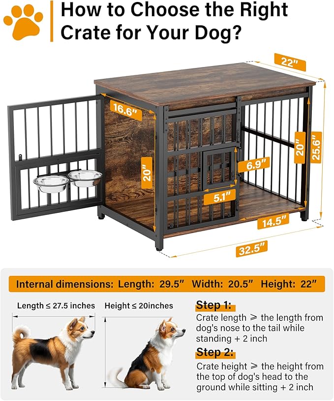 Furniture Dog Crate for Medium Dogs: Interactive Window for Anxiety Dogs, 360°Rotatable & Elevated Bowls, Heavy Duty Wooden Dog Kennel/Cage for Indoor, Double Door with Sliding Door