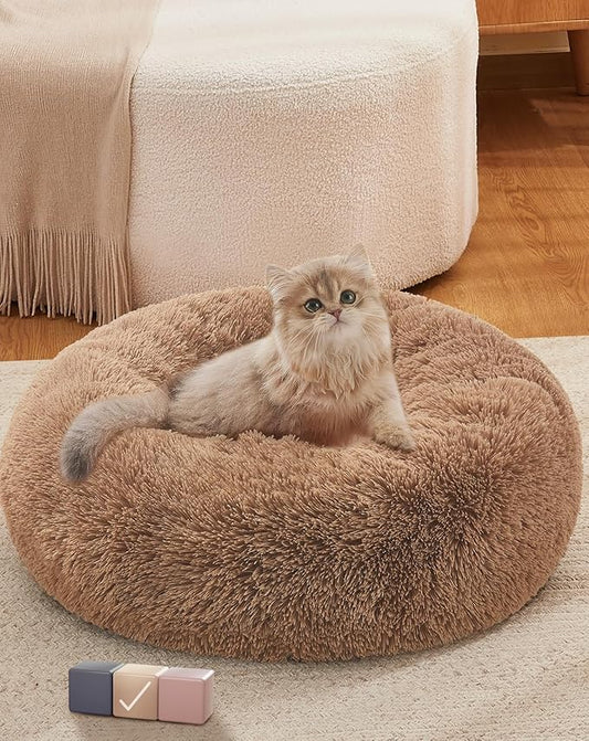 OhGeni Calming Donut Cat Bed For Indoor Cats, Machine Washable Plush Warming Bed For Kitten & Puppy, Anti-Slip Round Cuddle Comfort Pet Bed, Cozy Fluffy Fur Bed for Small Cats & Dogs, Ocher, 20 inches