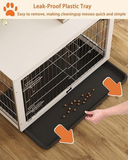 Piskyet Wooden Dog Crate Furniture with Divider Panel, Dog Crate End Table with Fixable Slide Tray, Double Doors Dog Kennel Indoor for Dogs(L:37.8" L*25.1" W*26.3" H,White)