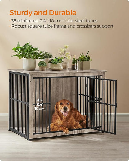 Feandrea Dog Crate Furniture, 43.3" Side End Table, Modern Kennel for Dogs Indoor up to 80 lb, Heavy-Duty Dog Cage with Enclosed Base, Double-Door Dog House, Greige UPFC024G01