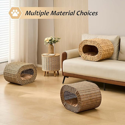 Cat House,Handwoven Cat Cave Pet Cube, Rattan Cat Beds Indoor Kitten House with Double-Sided Soft Cushions, Pet Cat House for Multiple Cats, for Living Room Bedroom