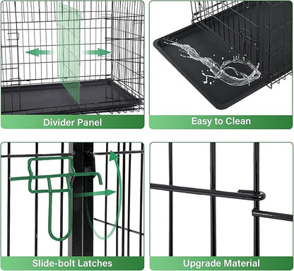 24/7 Shop at Home Gossamer Metal Double Door Folding Wire Pet Crate with Divider, Removable Tray, and Handle for Outdoor and Indoor Medium Dog, 42-inch, Black