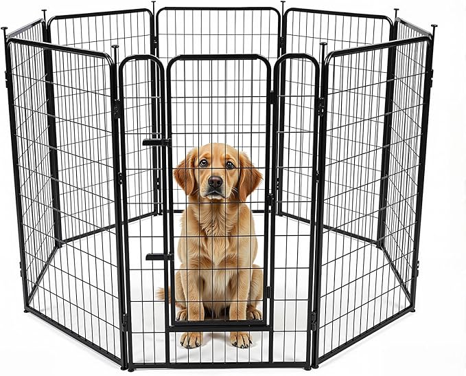 Amazon Basics Dog Playpen, 8 Panels Metal Fence with Door, Foldable for Indoor and Outdoor Use, Suitable for Small to Medium Sized Dogs, 42 Inch Height, Black