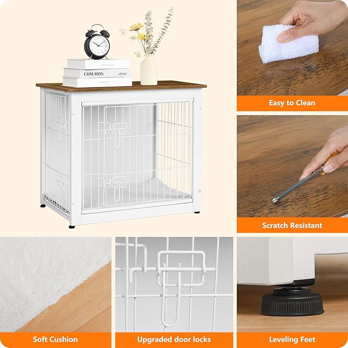 DWANTON Dog Crate Furniture with Cushion, Wooden Dog Crate with Double Doors, Dog Furniture, Dog Kennel Indoor for Small Dogï¼_nd Table, 27.2" L, White+Warm Brown