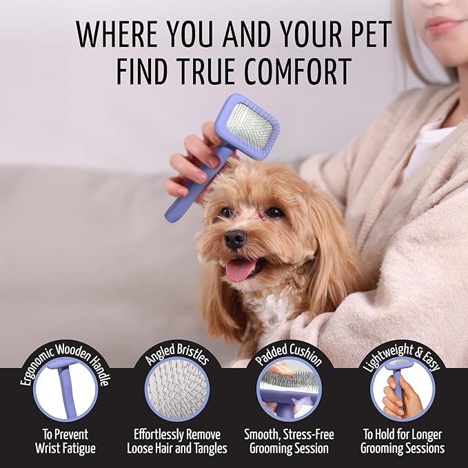 Tauro Pro Line Wooden Deshedding Dog Brush for Long Goldendoodle, Labradoodle & Poodle Hair - Purple Slicker Brush for Dog & Cat Grooming - Rectangular Flexible Cushion & Non-Slip Grip, S
