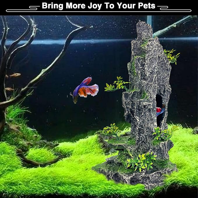 Aquarium Mountain View Stone Ornament Tree Rock Cave Aquarium Decorations Large and Tall Extra Large Aquarium Decorations for Fish Tank Decorations for Fish Tank - 14 Inches High