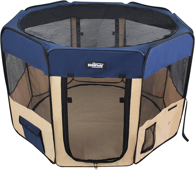 EliteField 2-Door Soft Pet Playpen (2 Year Warranty), Exercise Pen, Multiple Sizes and Colors Available for Dogs, Cats and Other Pets (30" x 30" x 20"H, Navy Blue+Beige)
