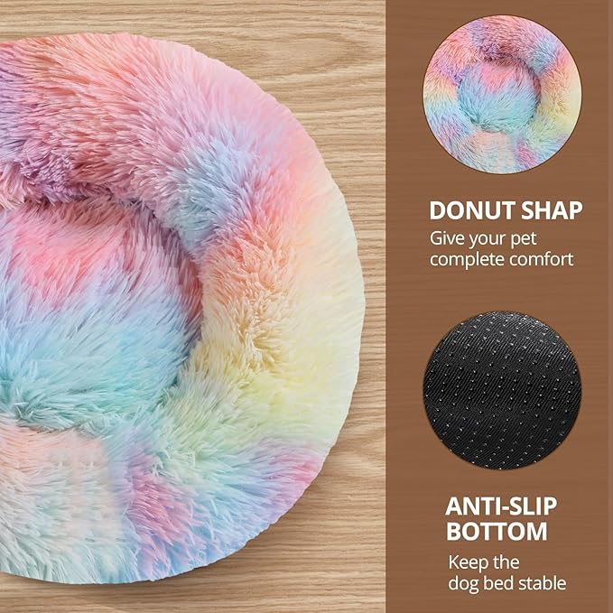 JOLLYVOGUE Dog Beds for Medium Dogs, Anti-Anxiety Washable Round Bed, Calming Donut Dog Cat Bed for Puppy Bed, Fluffy Dog Beds for Medium Dogs, Round Puppy Bed for Indoor Pet (28"/Rainbow