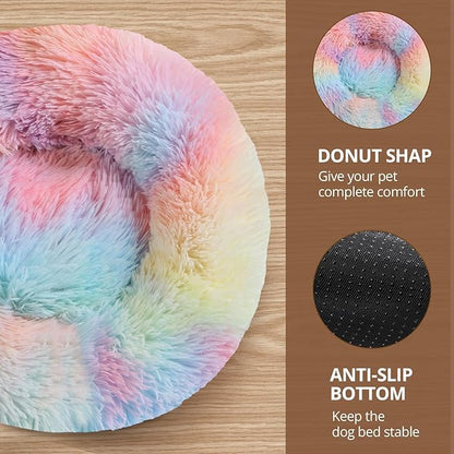 JOLLYVOGUE Dog Beds for Medium Dogs, Anti-Anxiety Washable Round Bed, Calming Donut Dog Cat Bed for Puppy Bed, Fluffy Dog Beds for Medium Dogs, Round Puppy Bed for Indoor Pet (28"/Rainbow