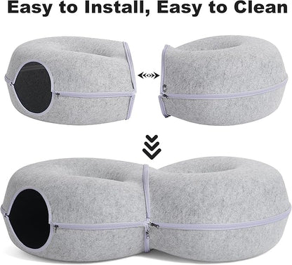 8-Shaped Large Cat Tunnel Bed for Indoor Cats, Infinite Circulation Peekaboo Cat Cave with 12 Toy Balls, Cat Donut Tunnel for Cats up to 30 Pounds (Light Grey, L 38x24x11in)