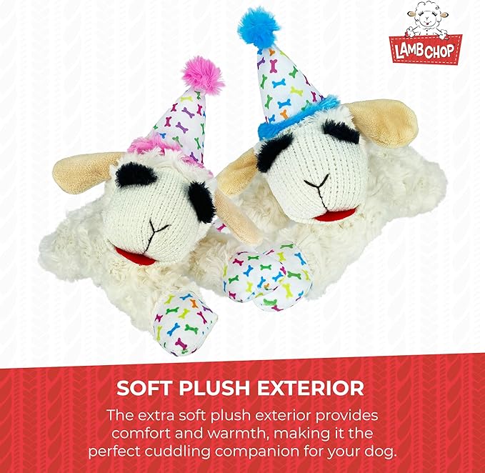 Multipet Lamb Chop Dog Plush Toy w/Birthday Hat - Squeaky Dog Toy for All Dogs - Soft Plush Dog Toy - Stuffed Animal Dog Toy for Playing - Cute Dog Birthday Toy (10.5, Pink Hat, 5 Squeakers)