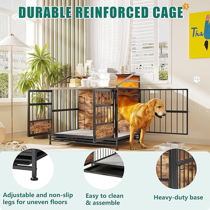 Dog Crate Furniture with Led Lights,Heavy Duty Wooden Dog Kennel with Double Doors,Dog House Indoor for Small Medium Dogs,End Table with Shelves,Black and Brown(34.65" L_24.02W_31.5" H)