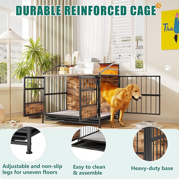 Ball & Cast 24" Multi-Function Dog Crate Furniture with Storage,3-Door Access Wooden Kennel for 26-40 lbs Dogs,Double Doors with Pull-Out Tray,Waterproof Indoor Pet House,Easy Assembly,Black Brown