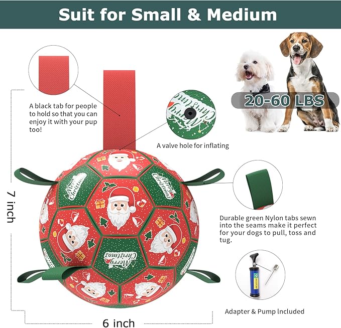 QDAN Christmas Dog Soccer Balls with Straps, Interactive Dog Toys for Tug of War, Puppy Birthday Gifts, Dog Tug Toy, Dog Water Toy, Durable Dog Balls for Small & Medium Dogs（6 Inch）