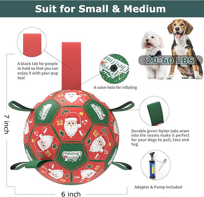 QDAN Christmas Dog Soccer Balls with Straps, Interactive Dog Toys for Tug of War, Puppy Birthday Gifts, Dog Tug Toy, Dog Water Toy, Durable Dog Balls for Small & Medium Dogs（6 Inch）