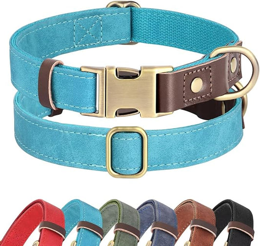 Didog Soft Padded Leather Dog Collar for Large Dogs, Classic Heavy Duty Dog Collars with Quick Release Metal Buckle, Adjustable Large Dog Collar Leather,Light Blue,L