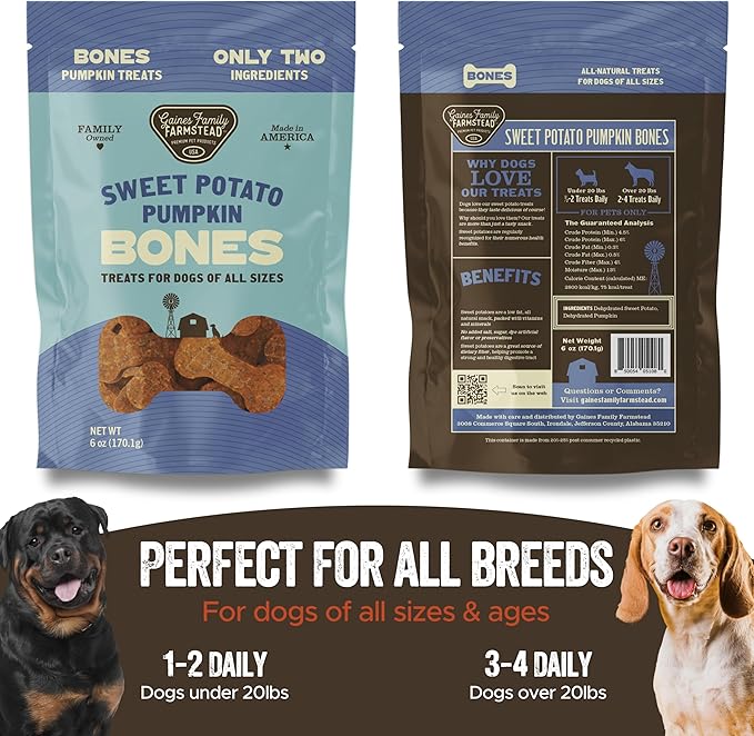 Gaines Family Farmstead Sweet Potato Pumpkin Dog Bones - All-Natural Dog Treats, Digestive Support, Grain-Free, Vitamin-Rich Chews for Puppies & Adult Dogs, 6 oz Bag